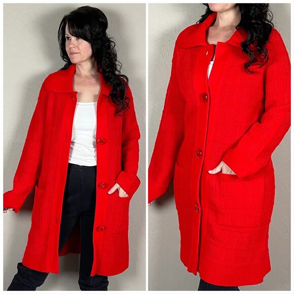 Vintage Sweaters - Vintage 1970s Red Chunky Knit Duster Cardigan Sweater